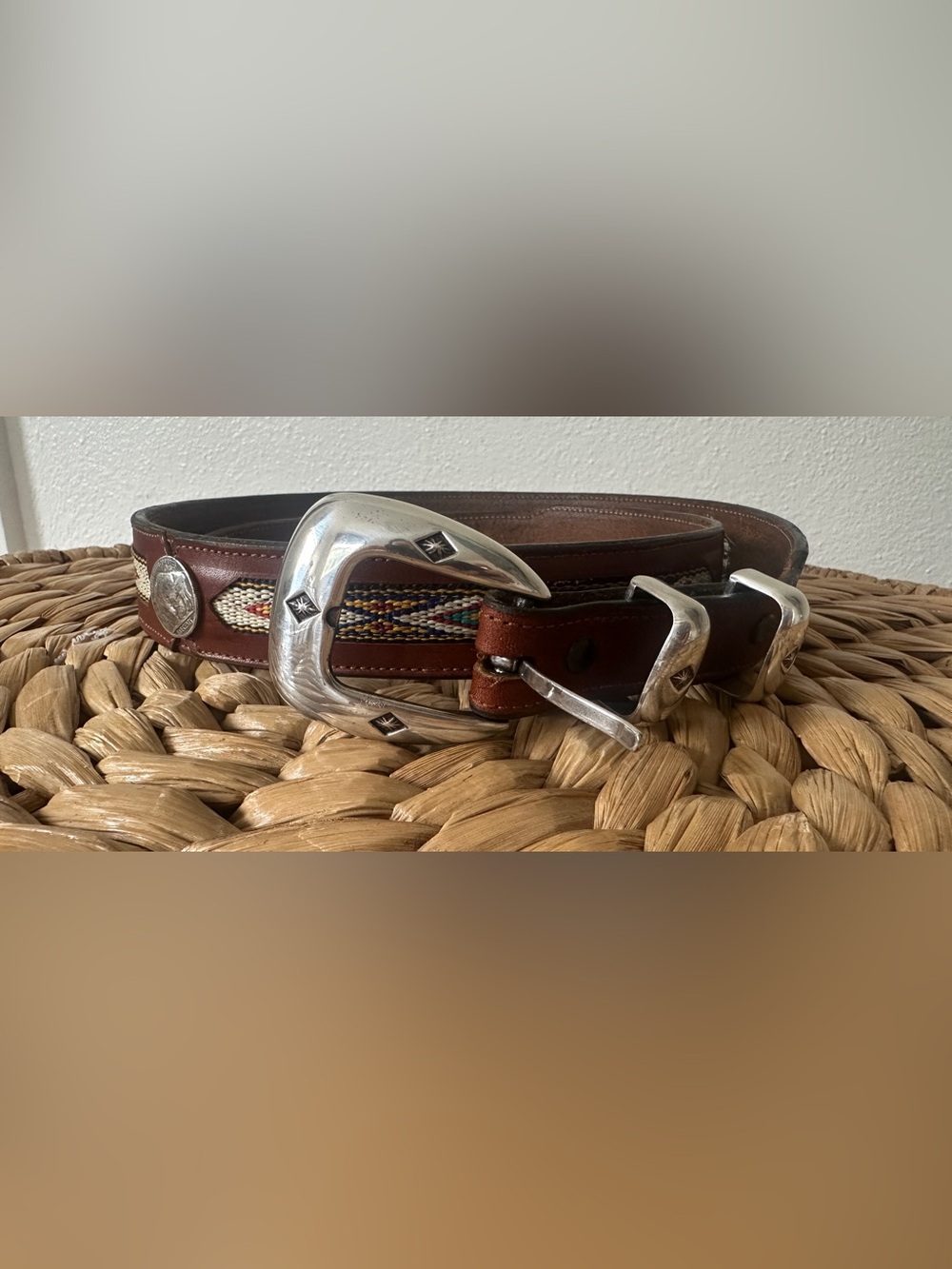 Vtg 1996 Justin Boots Western Leather Belt Size 38 Concho Beaded Inlay